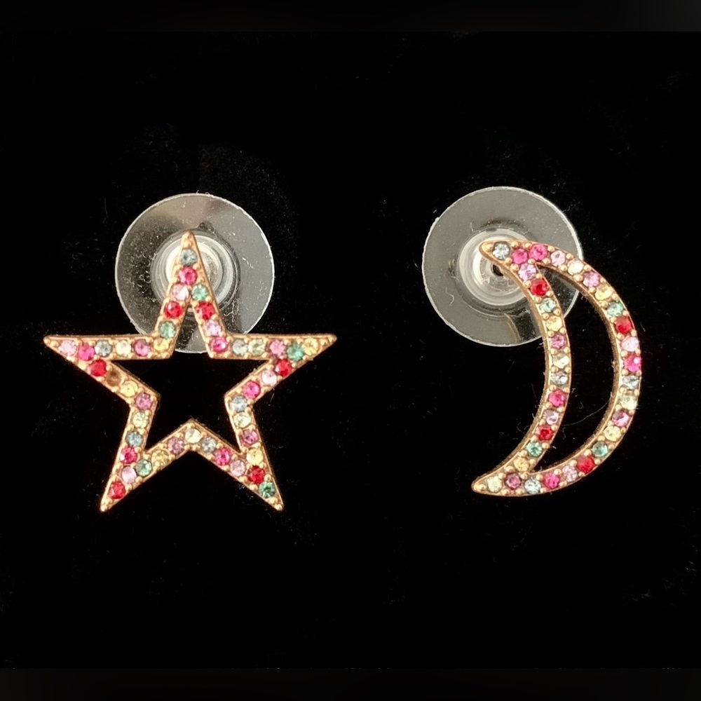 J. Crew pierced ears earrings. Rainbow color pavé “gems” on a star and a moon.